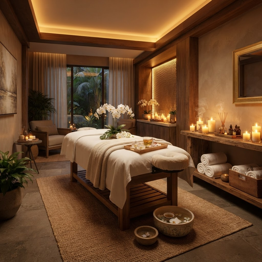Luxury spa room with massage bed, aromatic candles and orchid flowers